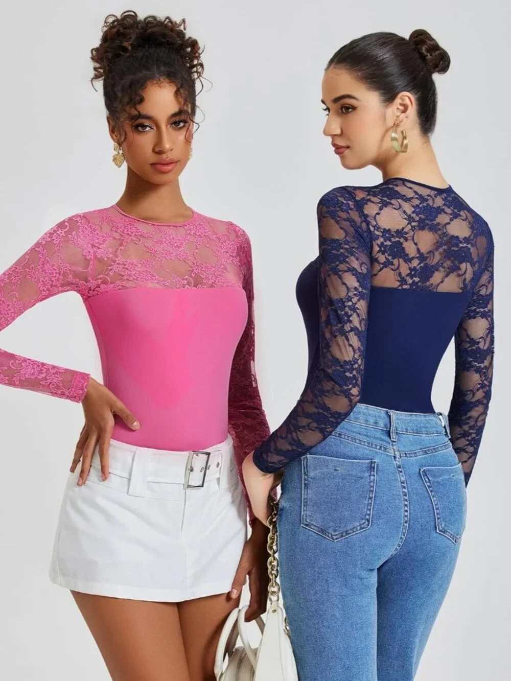 👑 Womens Navy Blue Long Sleeve Lace Crew Neck Slimming Outfits Bodysuit Tops - Picture 5 of 6